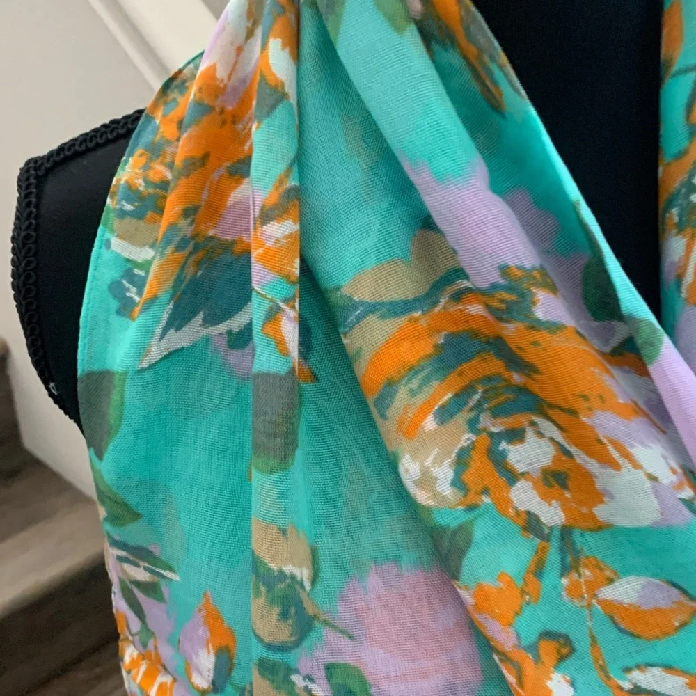 Isaac Mizrahi Vibrant Floral Scarf - Aqua and Tangerine